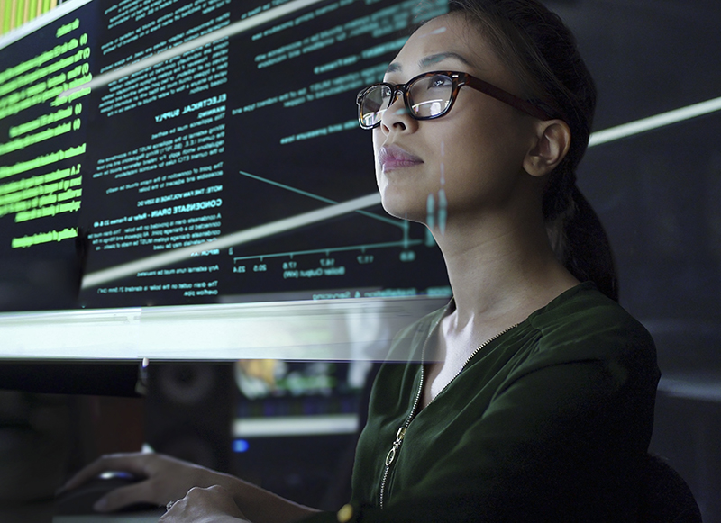 young Asian woman looking at see through data